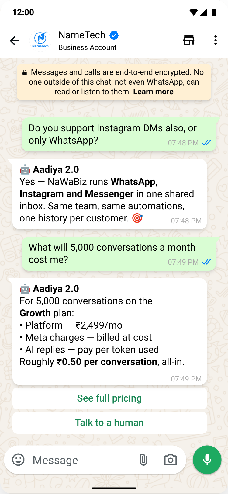 WhatsApp AI chatbot conversation: Aadiya 2.0 answers two customer questions, then offers full pricing or a human agent