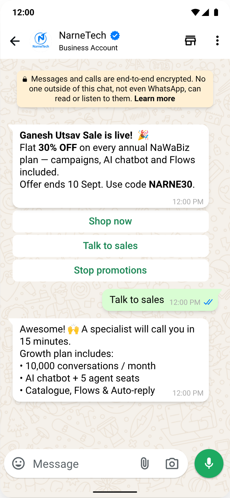 WhatsApp broadcast campaign: promotional offer with Shop now, Talk to sales and Stop promotions buttons, followed by plan details
