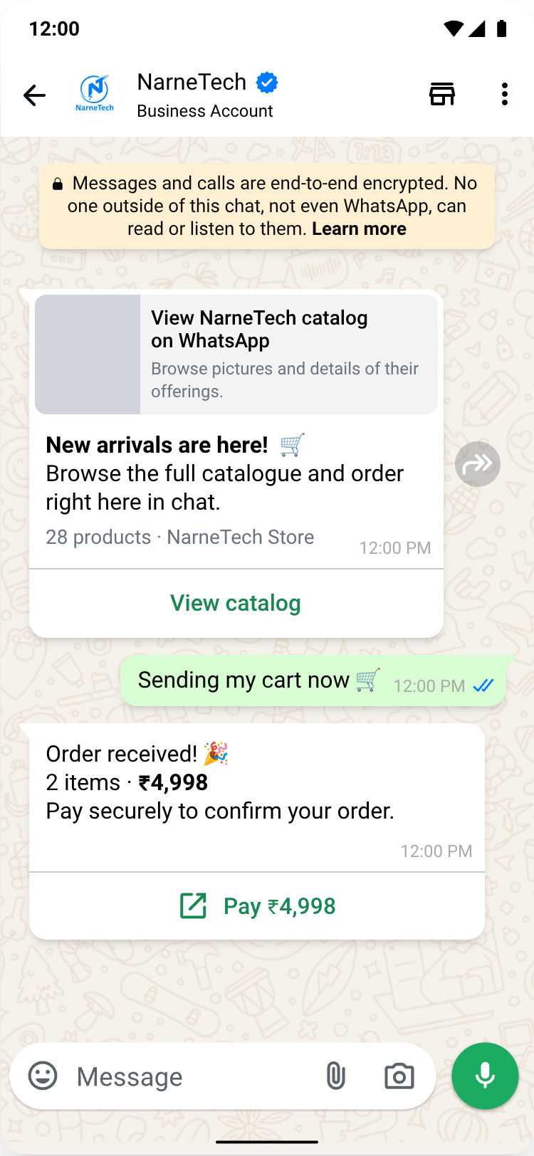 WhatsApp catalogue order on NaWaBiz: a customer browses the NarneTech catalog, sends their cart and pays ₹4,998 without leaving the chat