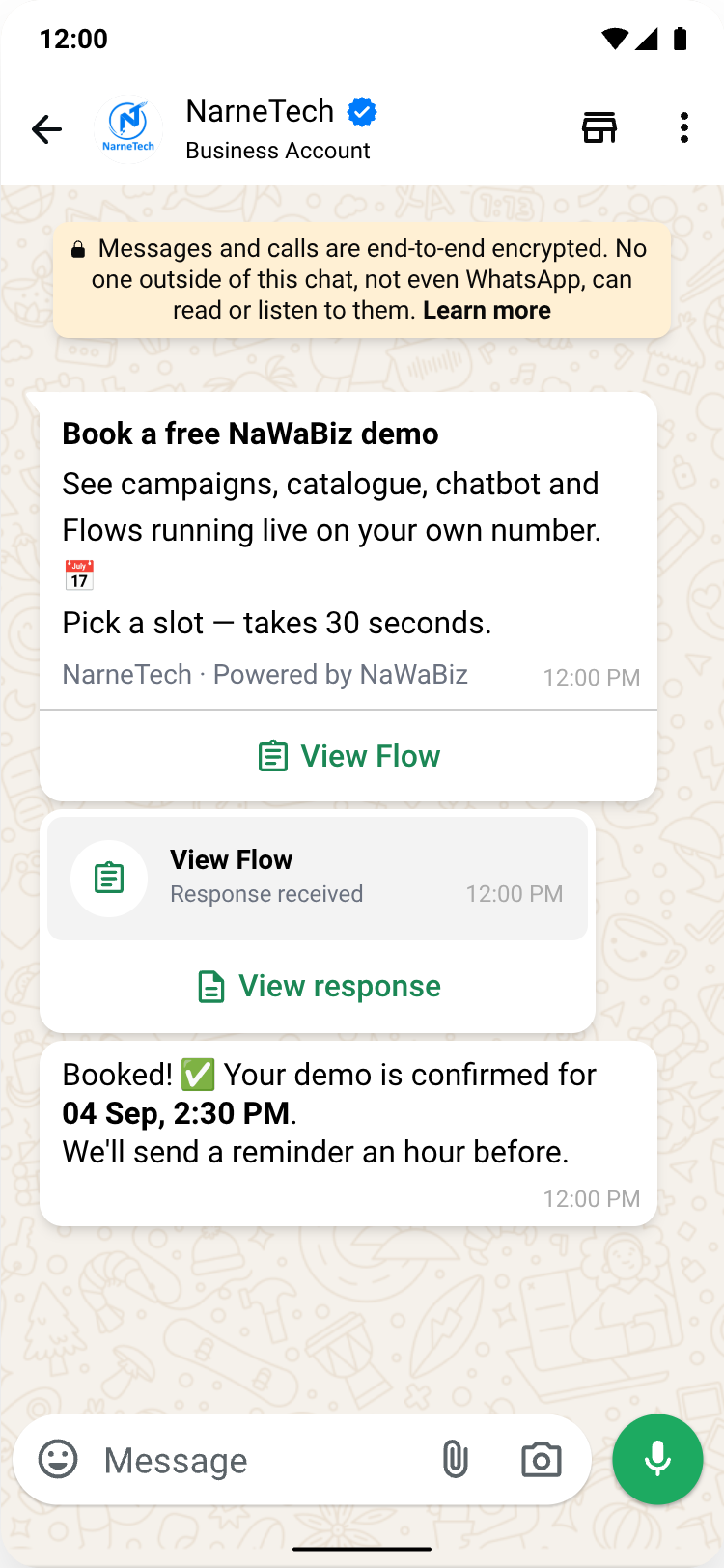 WhatsApp Flows conversation: a View Flow form card collects a booking and the chat confirms it instantly