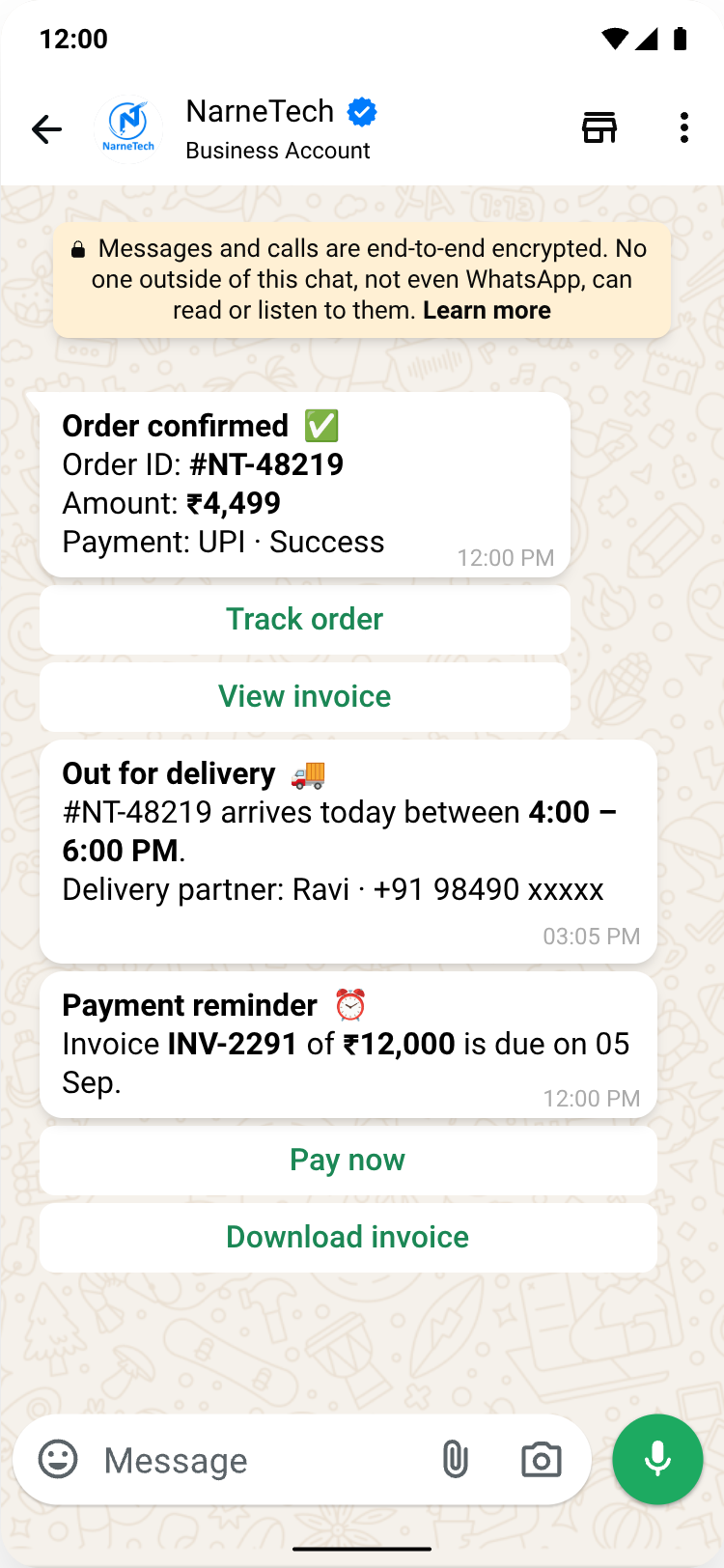 WhatsApp order alerts: order confirmation with Track order and View invoice buttons, out-for-delivery update and a Pay now reminder