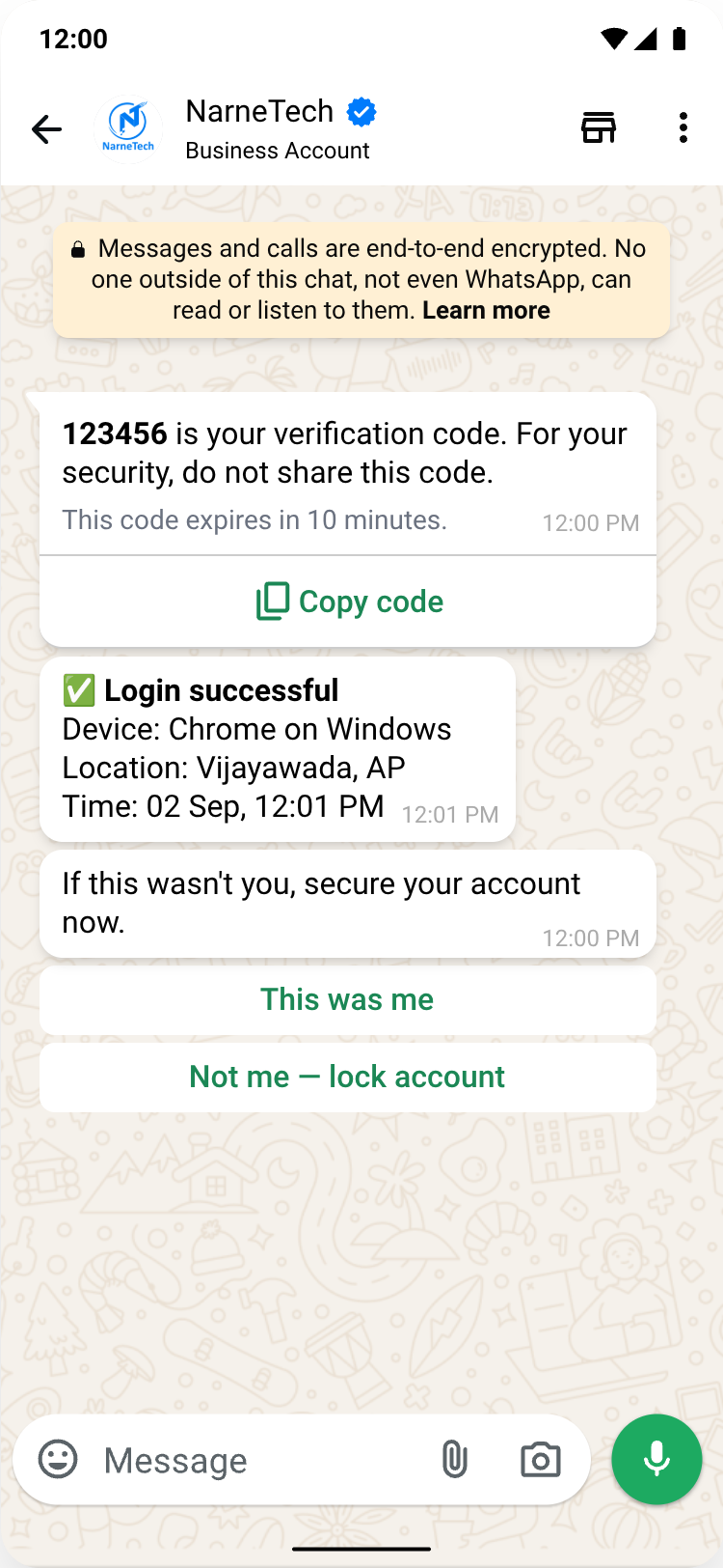 WhatsApp authentication conversation: one-time passcode with a Copy code button, a login alert and two reply buttons